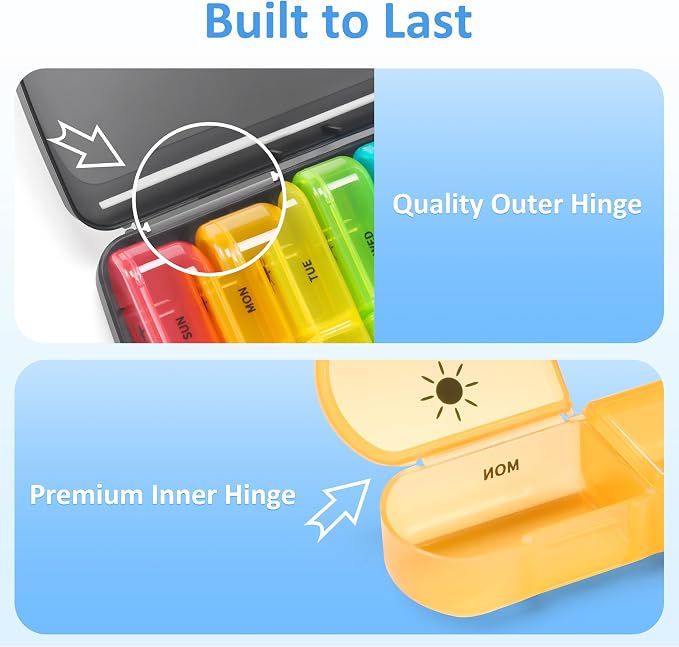 Fullicon Large Portable Pill Organizer 2 Times a Day, Black Rainbow | Each Compartment Holds 10 Fish Oils or 16 Vitamins, Lid Stays Open Reliably, Double Secure Lock, Durable Hinges, Fits Purse