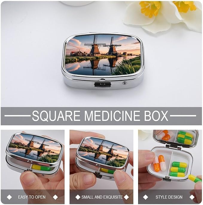 Dutch Windmill Pill Box 2 Compartment Medicine Pill Case Portable Pill Organizer for Pocket Or Purse Decorative Metal Medicine Vitamin Organizer