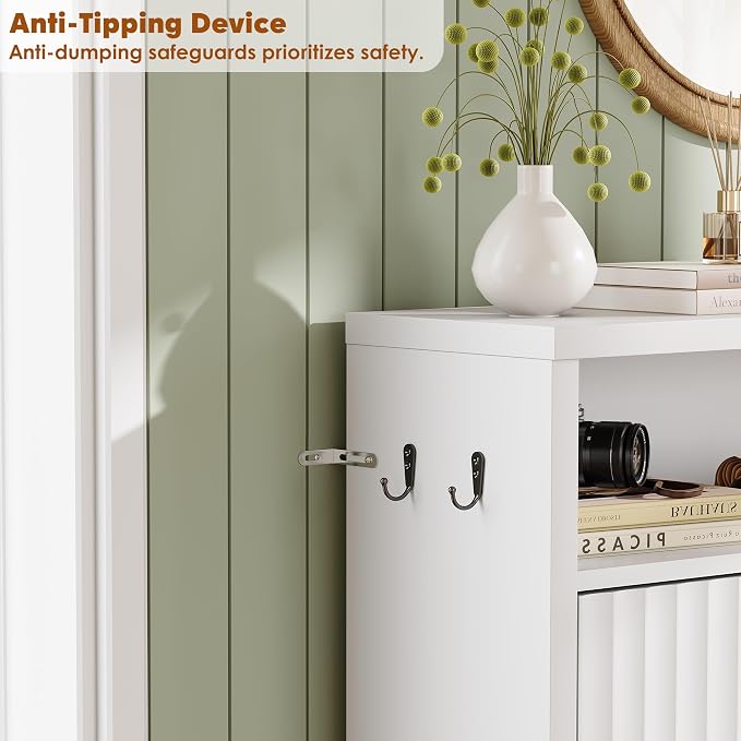 Shoe Storage Cabinet with 2 Flip Drawers for Entryway,Fluted Door | Narrow Shoe Storage Organizer Rack, Hidden Shoe Cabinet with Adjustable Shelves for Entryway, Hallway, Living Room,White