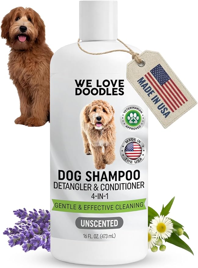 Dog Shampoo, Conditioner & Detangler - Best Shampoo for Goldendoodles, Poodles & Doodles Pet Hair - Hypoallergenic, Tearless, Sensitive Skin for Puppies & All Dog Breeds - Made in USA,16OZ (Unscented)