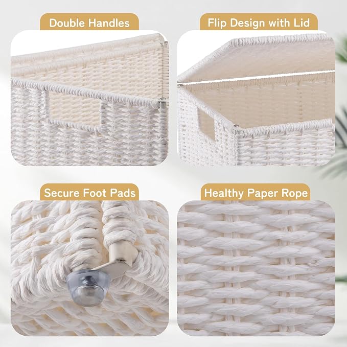 OIAHOMY Laundry Hamper with Lid, 90L(23.8 Gal) Large Wicker Laundry Basket for Bedroom, Handwoven Paper Rope Clothes Hamper with Washable Liner & Metal Frame, Decorative Organizer for Bathroom White