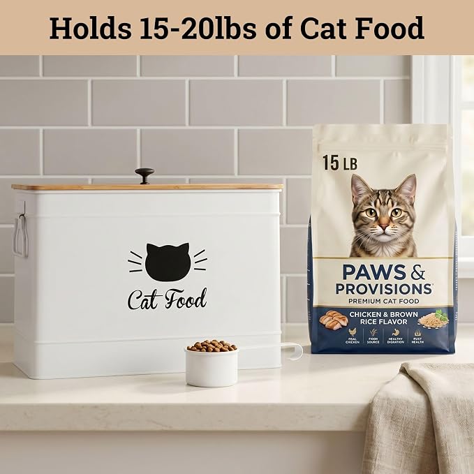 Metal Cat Food Container with Scoop, 15lb (50 Cup) w/ Airtight Bamboo Lid | 15 lb / 50 Cup Capacity, 1 Cup Metal Scoop, Durable Powder Coated Iron Body, Rubber Lined Bamboo Lid, Sturdy Metal Handles