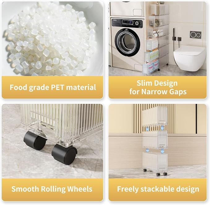 KHNR Slim 6 Tier Bathroom Storage Cabinet with Wheels, Narrow Gap Organizer Shelf, Tower for Shampoo, Towels, Toilet Paper Toiletries, Perfect for Bathroom Corner or Beside Toilet, Clear White