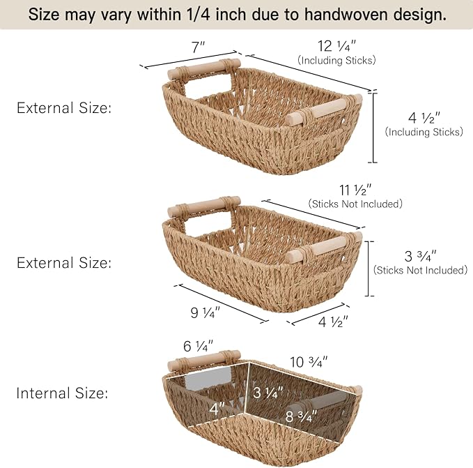 StorageWorks Hand-Woven Small Wicker Baskets, Round Paper Rope Storage Baskets with Wooden Handles, Light Brown, 2-Pack | Wicker Storage Baskets for Shelves, Baskets with Wooden Handles, 2-Pack Gifts Basket for Home Decor, Hand-Woven Basket