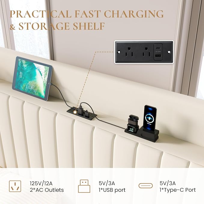 SHA CERLIN Full Size Lift Up Storage Bed Frame, Charging Station, Cream | Storage Headboard with Charging Station, USB, Type-C Port Velvet Hydraulic Storage Bed No Box Spring Needed Noise Free