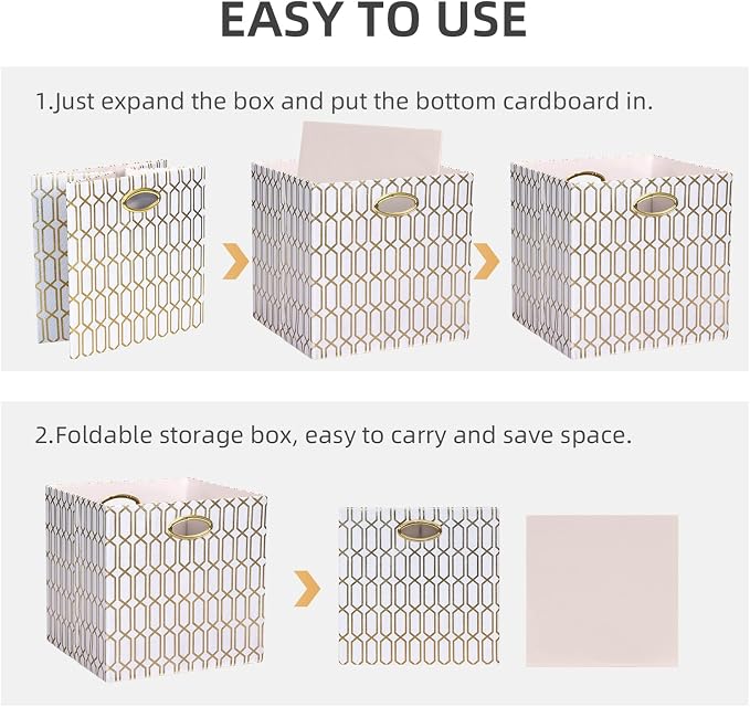 13x13x13 Storage Cube Bins, Collapsible Storage Bins Fabric Storage Cubes Organizer Baskets Box Drawers for Shelves, Closet, Wardrobe, Bookshelf, Cabinet, 4 Pack, White/Shiny Gold, AG4000202