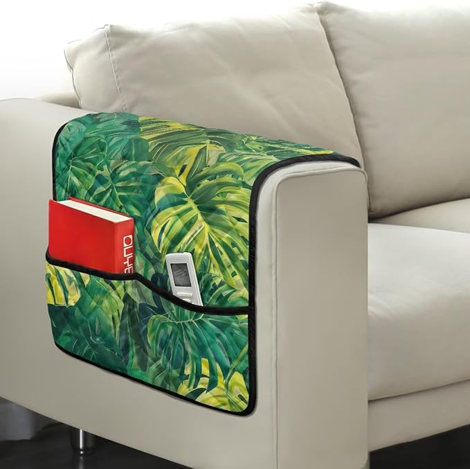 Palm Leaf Stretch Sofa Armrest Covers Arm Cover for Chairs Anti-Slip Couch Armrest Covers with 2 Pockets Furniture Armrests Protector for Sofa Couch Chair Recliner