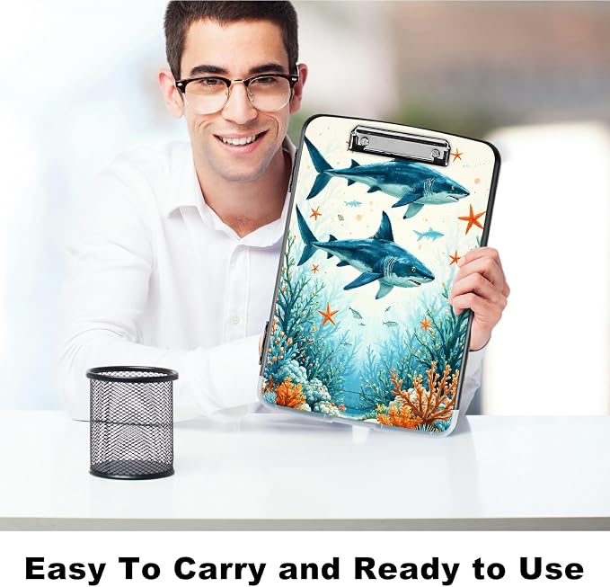 A4 Clipboard with Storage Pen Holder, Clipboards Organizer Nursing Clipboard Foldable File Folder Plastic Clipboard Folio Clip Board for Office Work Classroom Doctor, Tuna Under the Sea