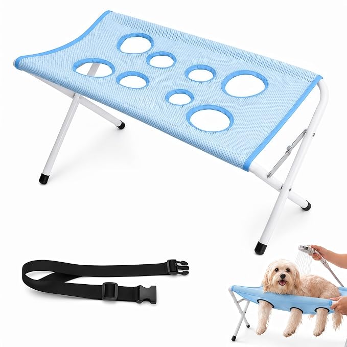 2027 New Portable Foldable Pet Shower Holder, Dog Shower Chair (Blue) | Pet Shower Grooming Hammock with Sling, Breathable Mesh Fabric, Foldable Portable for Grooming, Nail Trimming & Bathing