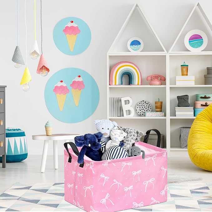 Baby Storage Basket Nursery Box Laundry Hamper Organization Bins for Toys and Clothes with Handles (Pink Bow)