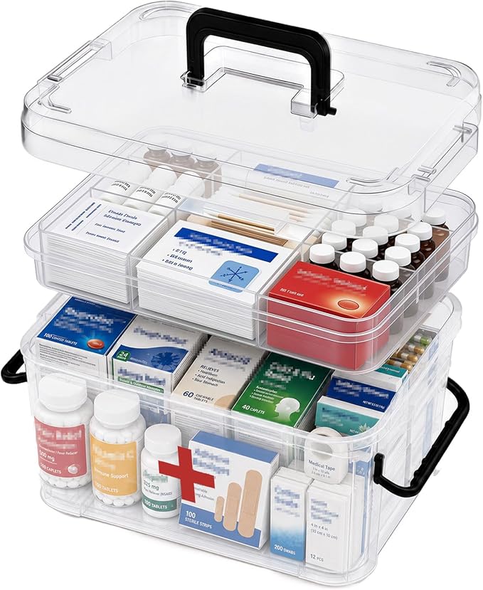 15QT Clear Medicine Organizer Box with Handle, Plastic Dorm Medicine Box with Tray, Empty First Aid Boxes, Thickened Medicine Storage Organizer, Multipurpose Medication Organizer Storage, Clear