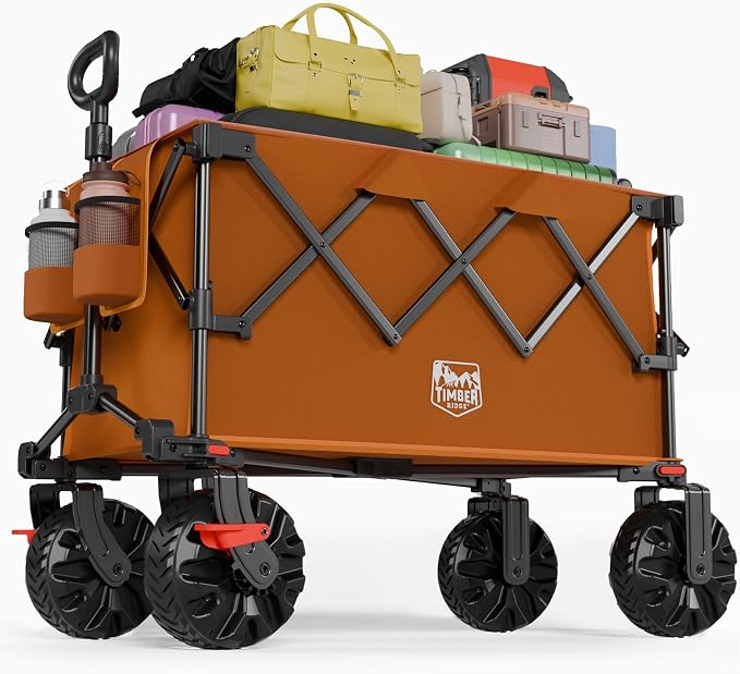 TIMBER RIDGE Outdoor Collapsible Folding Wagon with Brakes and Cup Holders, 500lbs Heavy Duty All Terrain Wheels Utility Cart for Shopping Camping Garden Sports, Orange