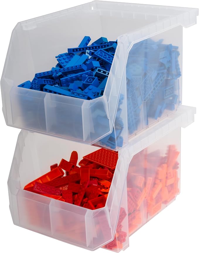 Medium-Tall Stackable Plastic Storage Bins, 4-Pack, Clear | Open-Front Stackable Bins For Garage, Pantry, Closet & Office, 7"L X 11"W X 8"H, Nests When Empty, Durable Plastic