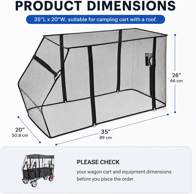 Wagon Mosquito Net Cover for Folding Wagon, 35" L x 20" W Fine Mesh Bug Screen with Zipper, Outdoor Camping Cart Cover for Garden, Picnic and Beach