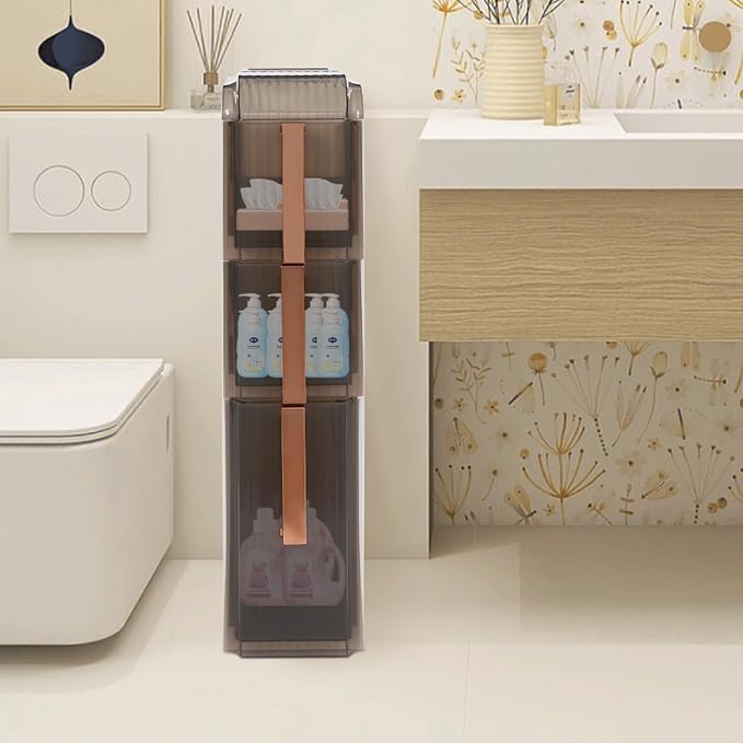 Storage Cabinet with 3 Drawers Slim Floor Standing PP Bathroom Organizer | Slim design fits tight corners – semi-transparent drawers protect from dust – 4 smooth-rolling wheels included