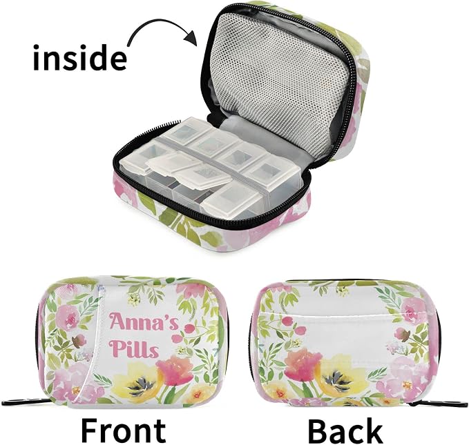Custom Pill Box 7 Day Pill Case Bag Watercolor Floral Personalized Name Travel Pill Organizer Bag with Zipper Portable Weekly Case Compact Size for Vitamin Supplement Holder