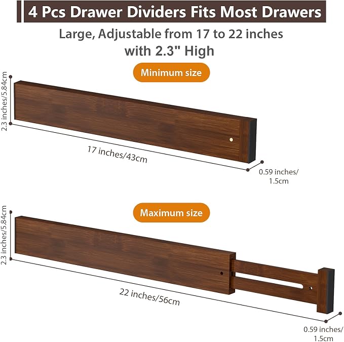 4 PCS Drawer Divider, 17"-22" Adjustable Bamboo Drawer Dividers Organizers, 2.3" High Expandable Separators for Kitchen, Clothes, Dressers, Home, Office, Mocha