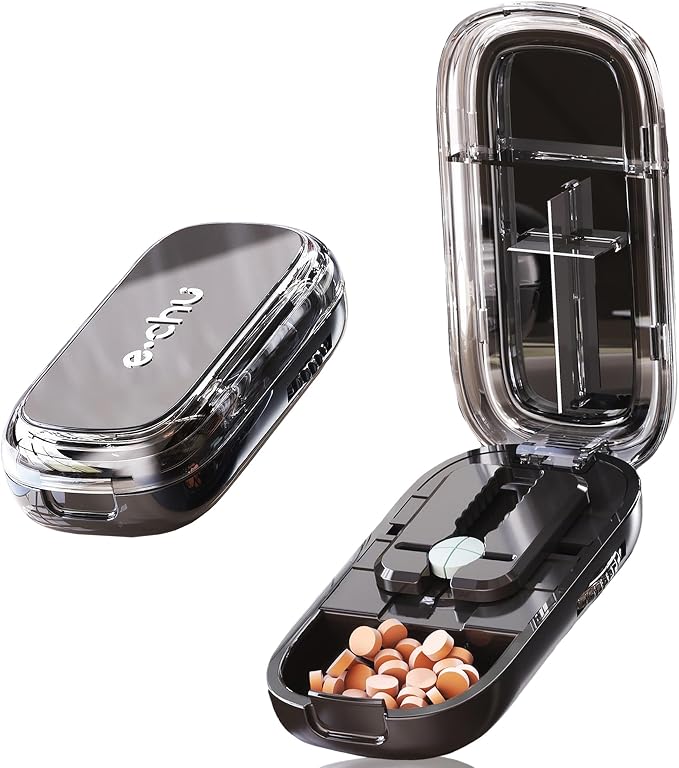 DUBSTAR Pill Cutter Splitter for Small & Tiny Pills Cuts into 1/2 1/4 Black | Pill Cutters with Removable Silicone Pad, Tablet Splitters Cuts Vitamins Tablets for Purse Pocket