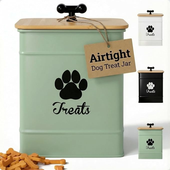 Dog Treat Container Airtight, 6"W x 8"H, Powder Coated, 12 Cup Capacity | Fits All Popular Treats, 12 Cup Capacity, Airtight Bamboo Lid, Easy Open Lid, Dent-Resistant Durable Metal Bone-Shaped Handle