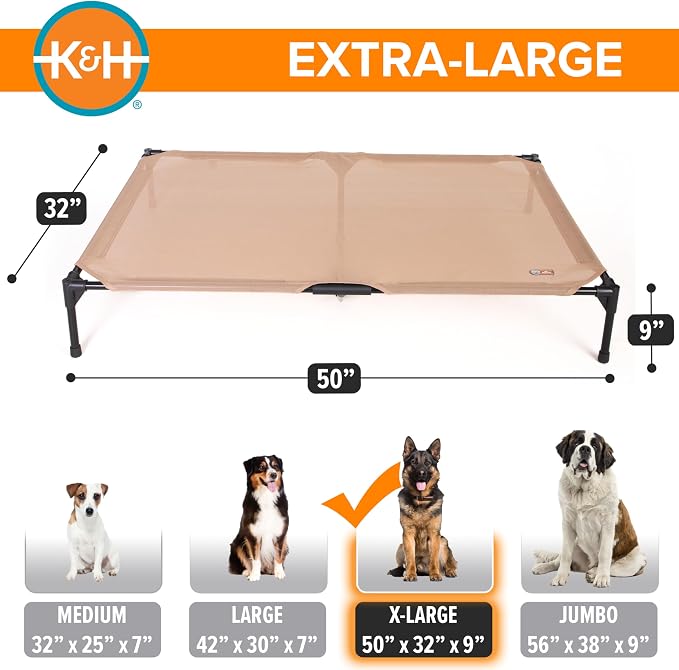 K&H Outdoor Elevated Dog Bed, Cooling Raised Dog Bed, XL 50x32in, Tan | Pet Cot for Large & Extra Large Pets, Breathable Mesh 360 Hammock Design, Indoor/Outdoor Washable Cover, Portable Metal Frame