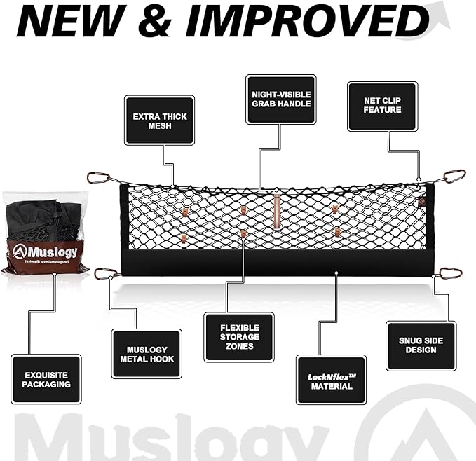 Muslogy Cargo Net for 2025 2026 Subaru Forester SK Accessories | Custom Fit, Trunk Storage Organizer Net for SUV Sedan Van Divider, with Heavy Duty Carabiners, Night Visible Grab Handle