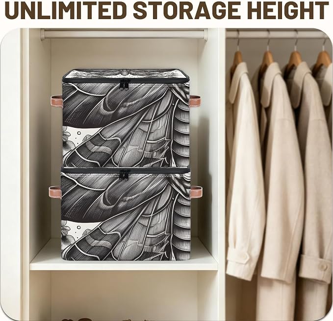 Gothic Moth Foldable Storage Bin with Lid Zipper | Closet Shelf Organizer, Boxes, Basket Containers for Home, Lidded Storage Cube for Bedroom, Waterproof, with Handles