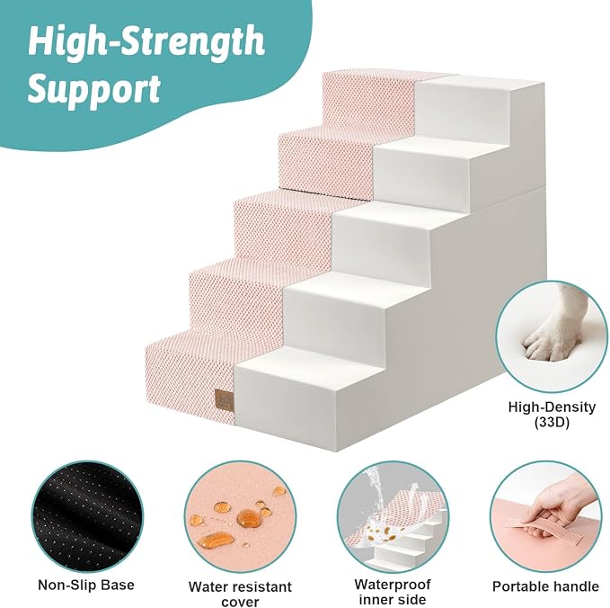 COZY KISS Dog Stairs for Small Dogs, 5 Step Pet Stairs for Beds & Couches | 23.6" Extra Wide Non-Slip Dog Steps with Removable Tiers & Support Board for Puppies, Older Cats & Dogs, Pink