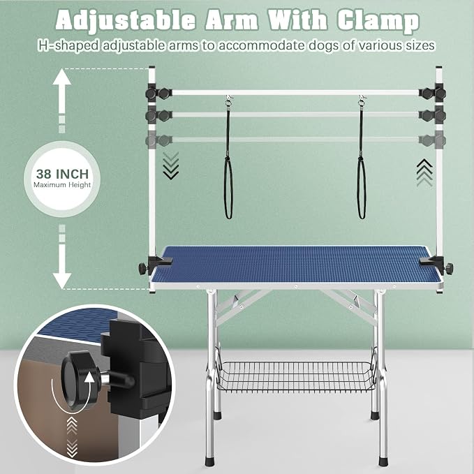 36'' Stainless Steel Pet Dog Grooming Table, Arm/Noose/Tray, Blue | Foldable Dog Grooming Table for Dogs at Home, Adjustable Height Arm, Non-Slip Waterproof Tabletop, Capacity 330Lb