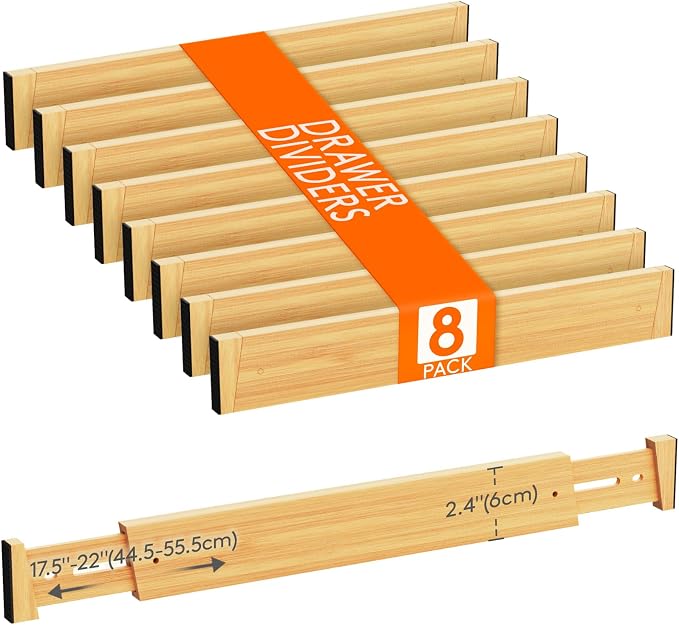 Lifewit 2.4" Kitchen Drawer Dividers, Adjustable Bamboo Drawer Organizers | 8 Pack 17.5"-22" Expandable Drawer Separator for Clothes, Utensils, Dresser, Cabinet, Closet, Nursery Organization & Storage