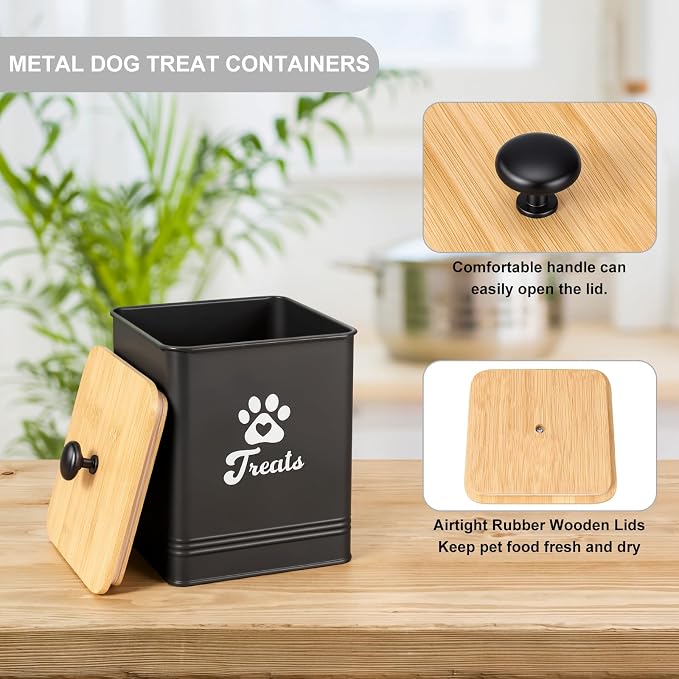 Dog Treat Container Airtight, 5.7" W x 6.7" H Iron Pet Treat Jar with Bamboo Lid, 12 Cup Food Storage Canister for Kitchen Counter, Decorative Pet Cookie Jar for Dog Snacks Kibble,Black