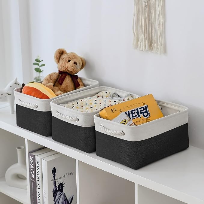 Storage Basket for Organizing - 3 Pack 13.8x9.8x6.7 inch Medium Collapsible Storage Bin for Shelves with Handles Organizer Closet Cubes Cloth Gift Toy (White & Black)