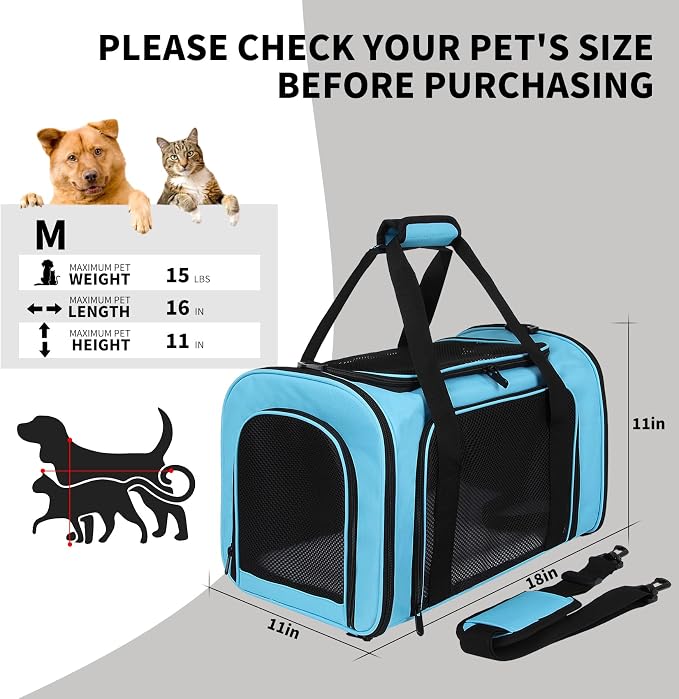 Pet Carriers Soft-Sided Airline Approved Carrier Bag for Small Cats Dogs (Medium,Blue)