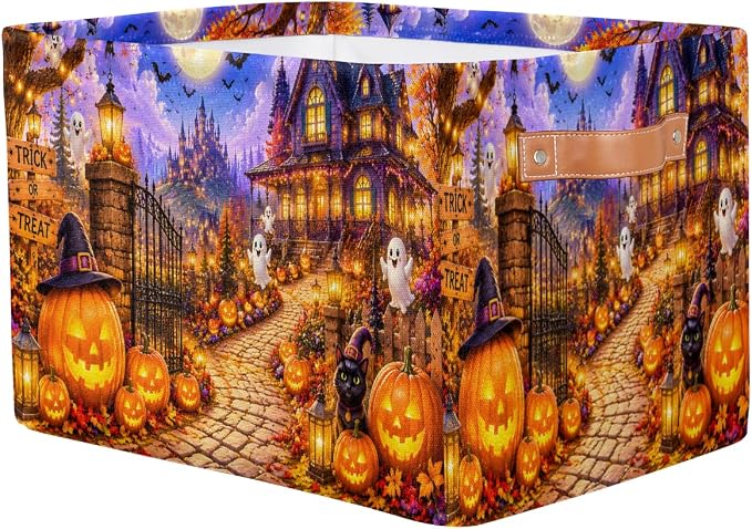Halloween Basket Storage Bins Rectangle Canvas Basket Cube Storage Box | Nursery Foldable Basket with Handle for Kids Girls Boys Toys Living Room Closet Organizer Shelf Gifts Spooky Night Pumpkin