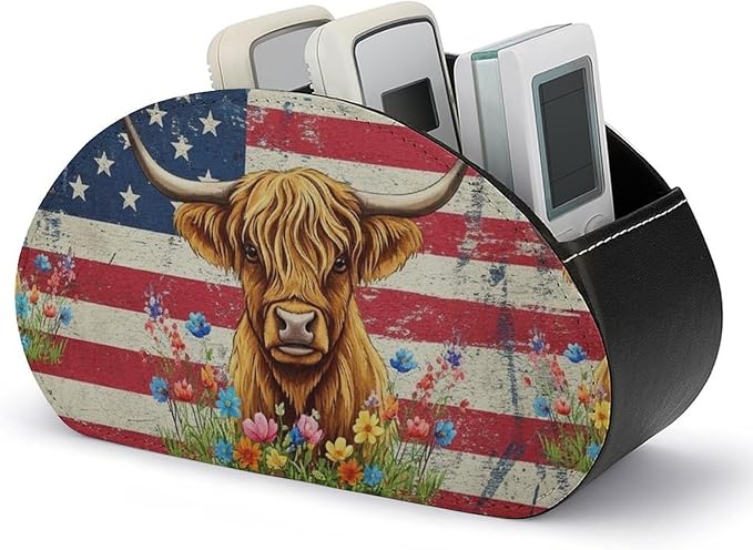 Remote Control Holder Box American Flag Highland Cow Desk Storage Caddy | with 5 Compartments, American Flag Highland Cow Office Supplies Table Decor for Media Player, Stationery, Makeup Brush