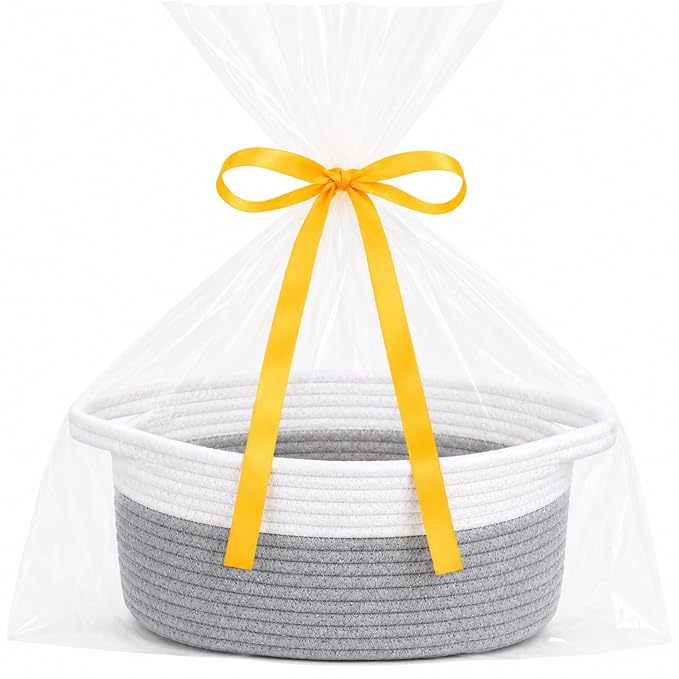 ABenkle Small Basket Empty Gift Basket, Decorative Boho Rope Woven Nursery Storage Organizer Dog Toy Baskets for Baby Showers Christmas Easter with Gift Bags and Ribbons, 12"X 8" X 5"