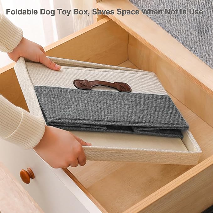 Dog Toy Basket with Lid, Fabric Dog Toy Box with Handle, Collapsible Dogs Cat Toys Storage Bins,Pet Storage and Orgnizer-White/Gray
