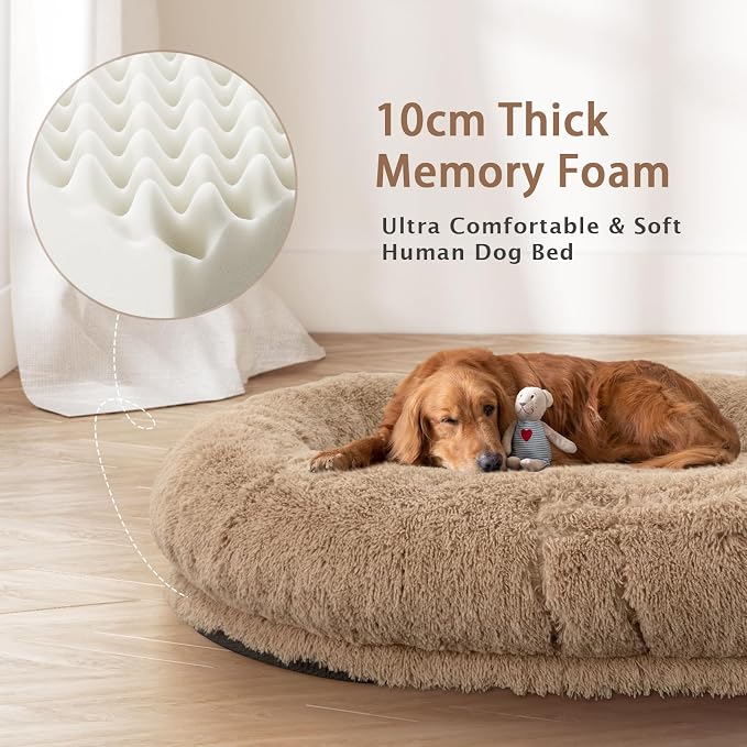 ROOMTEC Human Dog Bed, 71''x45''x12'' Size Fits Adult and Pet Washable Giant People Bed 10 CM Thick Memory Foam Large Oversize Pet Bed with Plump Pillow, Blanket, Strap - Khaki