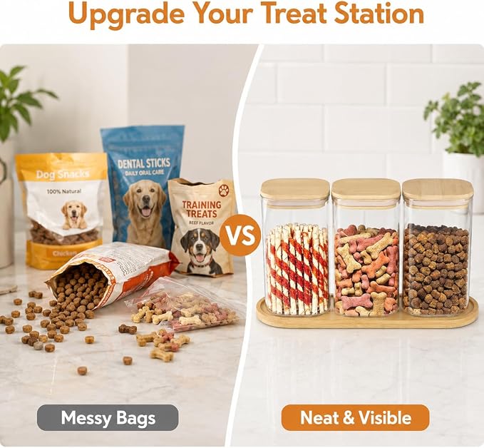 Dog Treat Container, Large Dog Treats Container, Farmhouse Wood Pet Treats Storage Organizer for Dog Food Storage Container, with 3 Glass Jars, Cat Dog Biscuit Dispenser, Great Gift for Pet Dog Owners