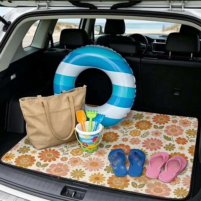 Howilath All Weather Car Trunk Liner Non-Slip Vintage Orange Floral Rear Trunk Mat Durable Polyester Carpet Auto Interior Accessory 29"x39"