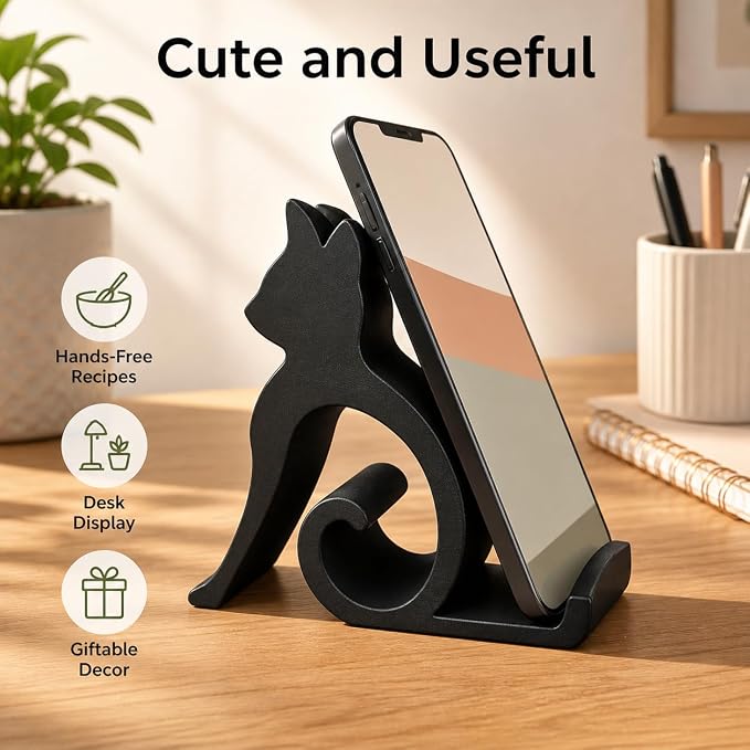 Phone Stand, Black Cat Desktop Cell Phone Holder Mount Decor | Handsfree Kitten Shaped Phone Mount, Desktop Halloween Decor Gift for Pet Lovers, Office Bedside Table Use