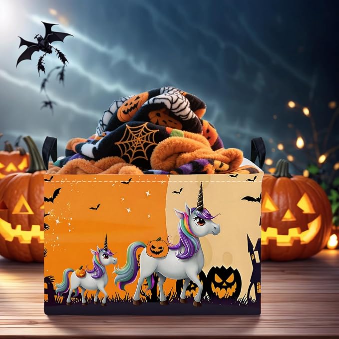 Halloween Basket Gift Cute Pumpkin Ghost Parties Decor Kid Trick or Treat Basket for Boys and Girls Rectangular Storage Bin Box (Unicorn Bat)