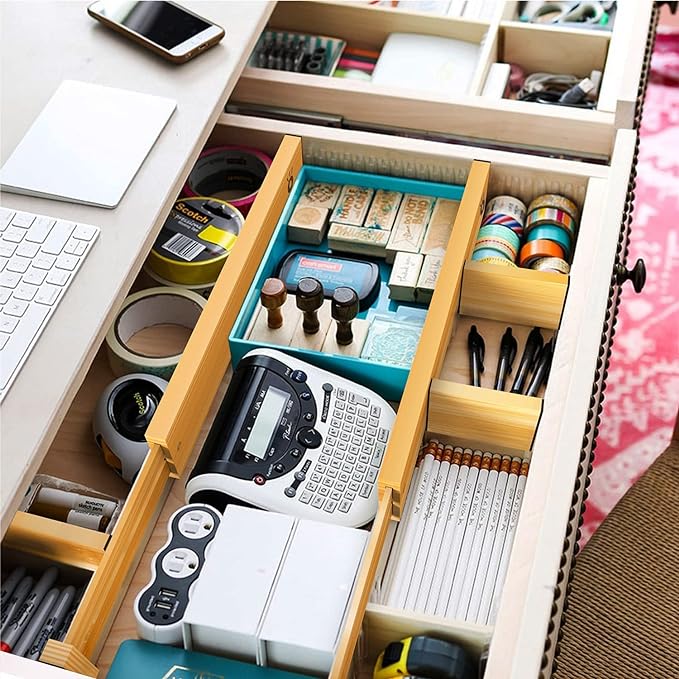 Bamboo Drawer Dividers Organizers, Drawer Separators Splitter,17-22 inches Long Adjustable Spring-loaded Organizer for Large Utensil, Clothes, Tools Drawers(yellow)