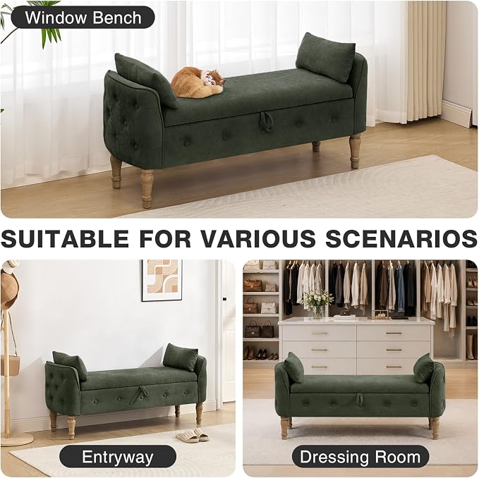 End of Bed Storage Bench King Size,51" Upholstered Bedroom Bench,Green | Linen Storage Bench for Bedroom End of Bed ,2 Cushion, Vintage Wood Legs ,Tufted,Storage Ottoman Bench for Entryway Window