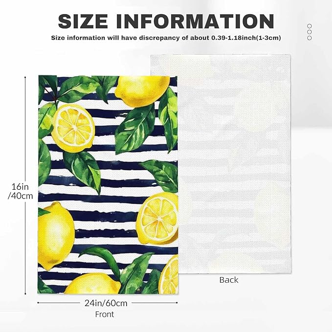 Lemons 2Pcs Kitchen Towels Watercolor Golden Lemon Stripes Green Leaf 16X24 Inch Ultra Soft Tea Towel Super Absorbent Terry Dish Towels for Kitchen Linens