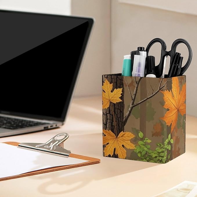 Pu Leather Pencil Cup for Men Women Desktop Square Pen Pencil Holder Hunting Camo Fall Maple Leaf Stationery Container Box for Office Supplies