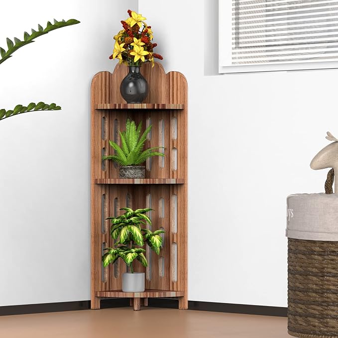 Meangood Bathroom Corner Shelf Stand, 3 Tier Pine Wood Display Shelf for Narrow Space, Shower Corner Shelf, Plant Stand Nightstand, for Living Room, Bedroom, Home Office, Elegant