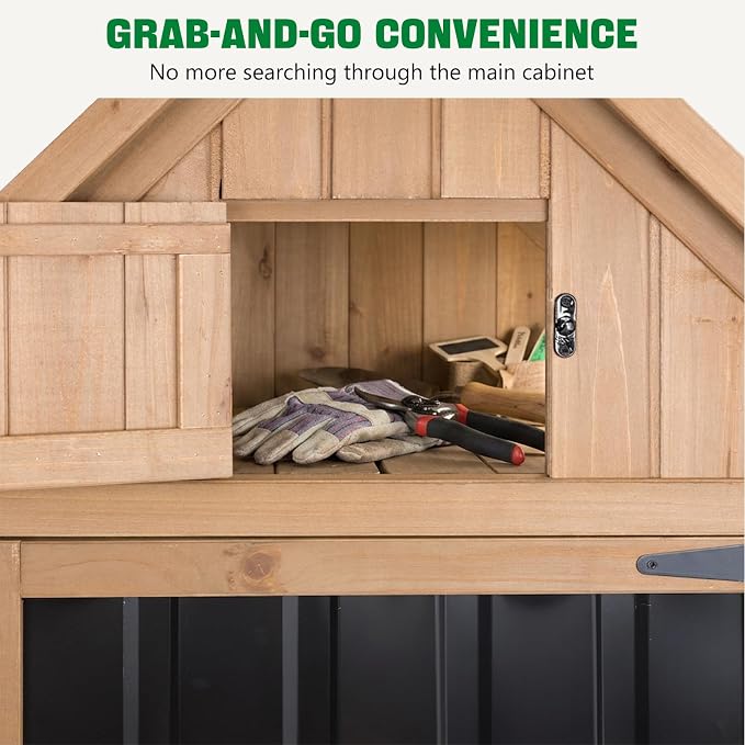 Ketive Outdoor Storage Cabinet, 67" Wooden Garden Tool Storage Shed | Shelves, Metal Panels, Top Storage Compartment, Asphalt Roof, Ground Anchors for Patio, Backyard, Garden Tools