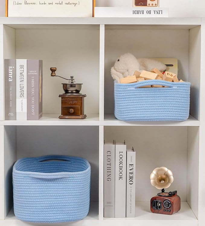 CubesLand Cute and Durable Small Cotton Rope Basket for Organizing | Woven Closet Storage Bin,Shelves Closet Storage Basket, Bathroom Storage Organizer Bin, Nursery Toy Basket Bin, Blue Basket