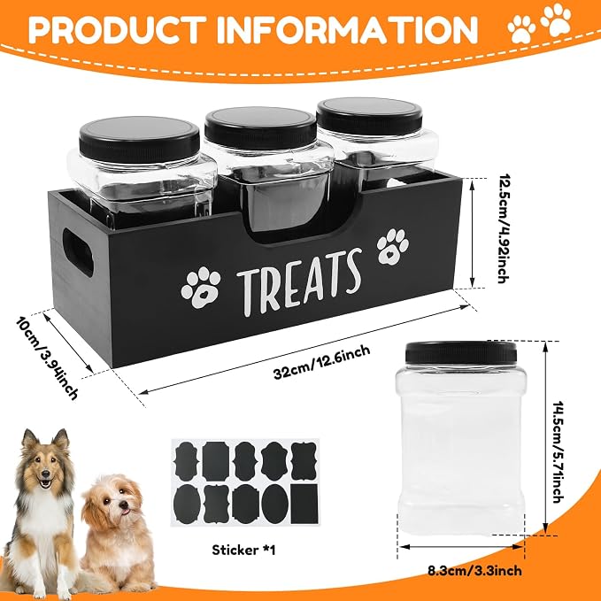 Dog Treat Container, Wood Dog Treat Holder with 3 Plastic Jar and Lid, Multifunctional Pet Food Organizer for Home Living Room Kitchen