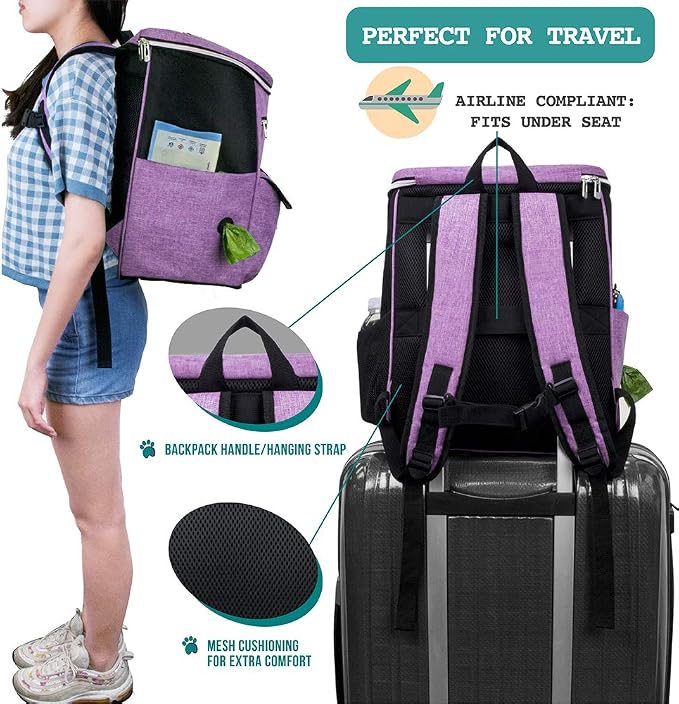 PetAmi Dog Travel Backpack 27L Airline Approved Pet Supplies Bag, Purple | Cat Traveling Suitcase Organizer for Weekend Road Trip Camping; 2 Food Containers, 2 Collapsible Bowls & Poop Bag Dispenser